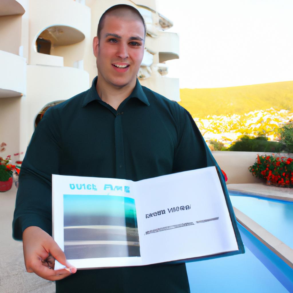 Man presenting hotel amenities brochure