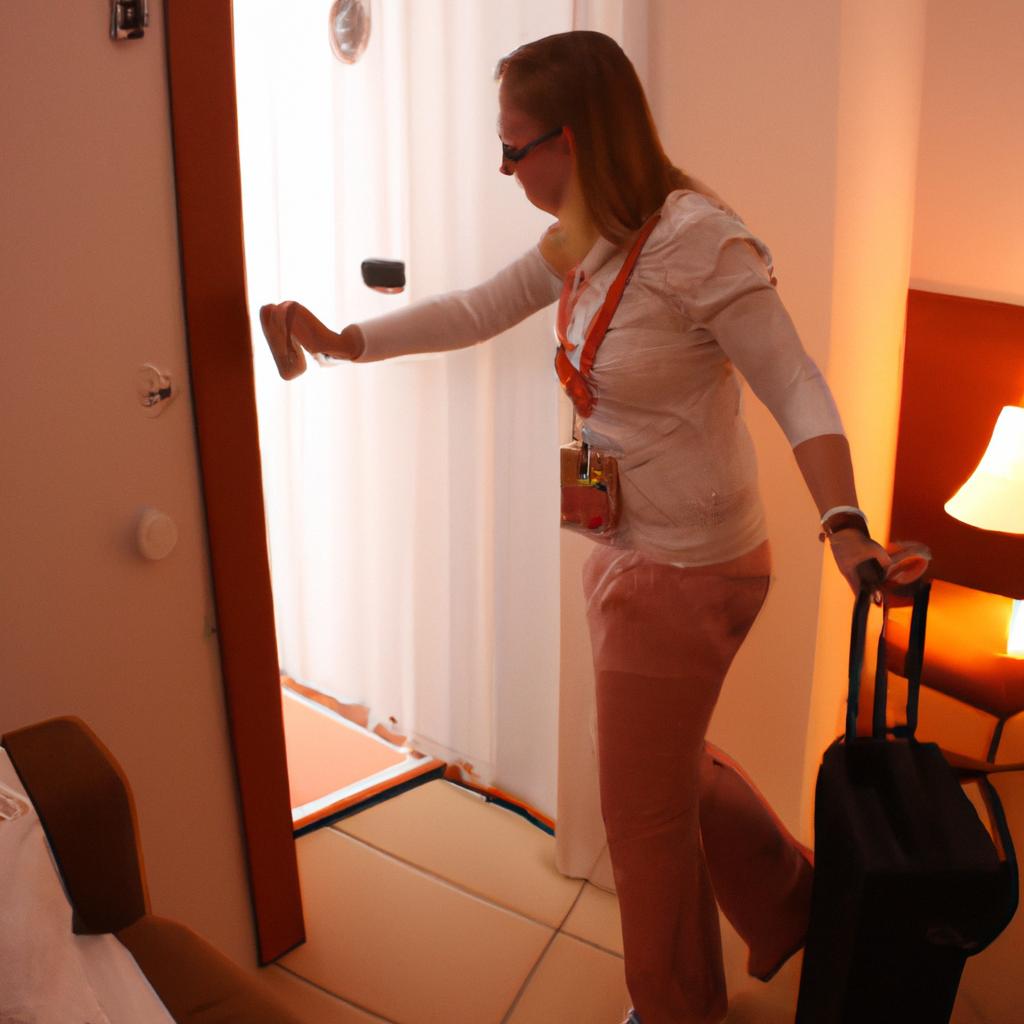 Woman checking into hotel room